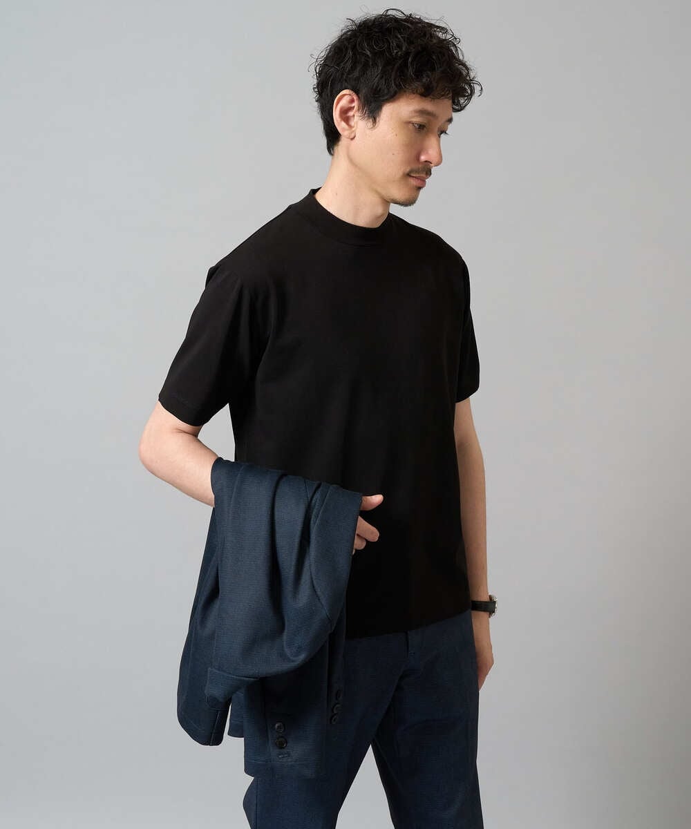 KHKHA78039 a.v.v MEN(アー・ヴェ・ヴェ) 【イージーケア】ポンチモックネックスマートＴシャツ【毛玉になりにくい/洗濯機で洗える】 ブラック