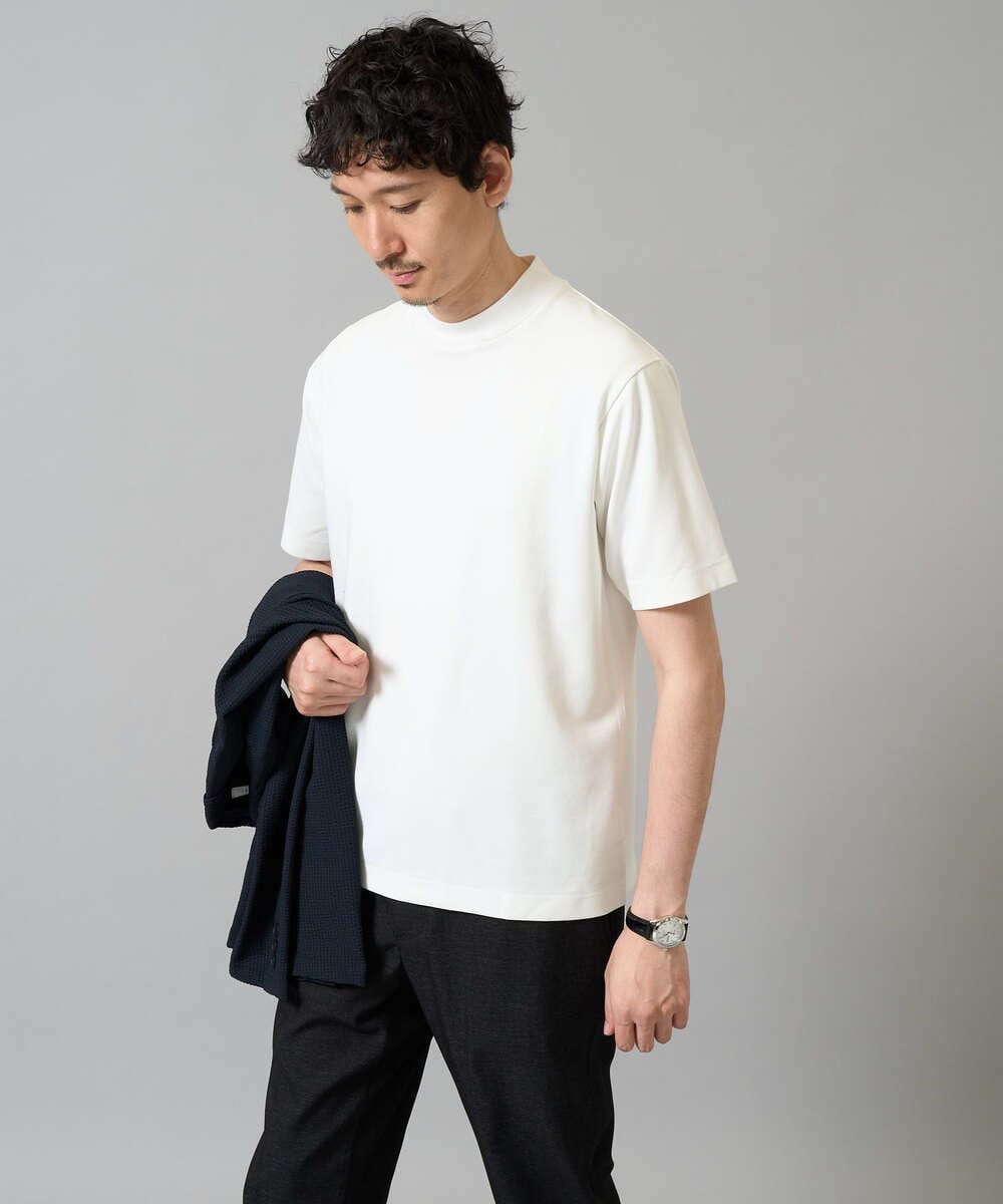 KHKHA78039 a.v.v MEN(アー・ヴェ・ヴェ) 【イージーケア】ポンチモックネックスマートＴシャツ【毛玉になりにくい/洗濯機で洗える】 ブラック