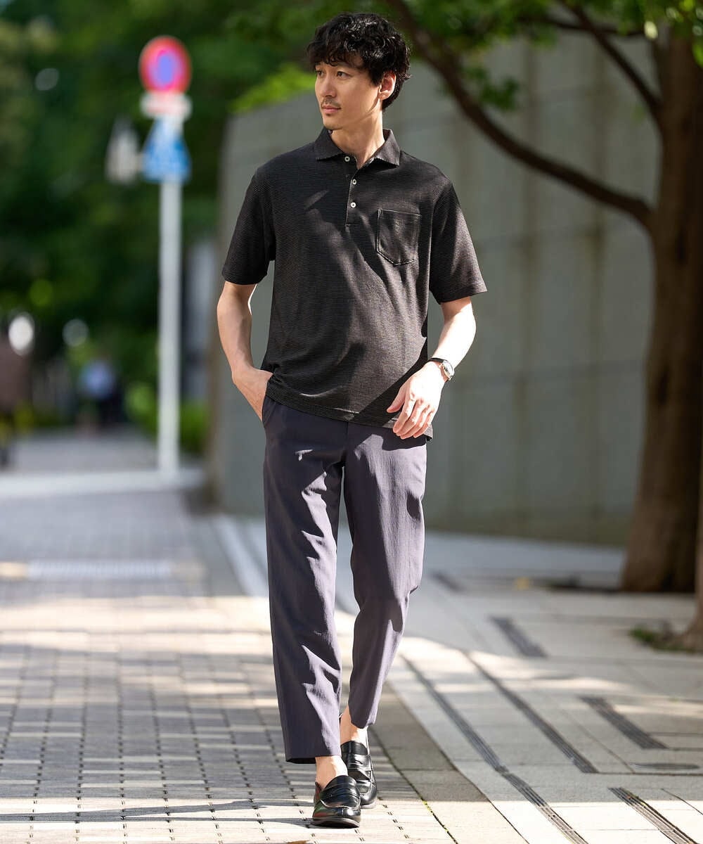 KHKHD46059 a.v.v MEN(アー・ヴェ・ヴェ) ＼シンプルすぎない大人の表情／ハニカムウラボーダーポロシャツ【接触冷感/洗濯機で洗える/イージーケア/ストレッチ】 ブラック