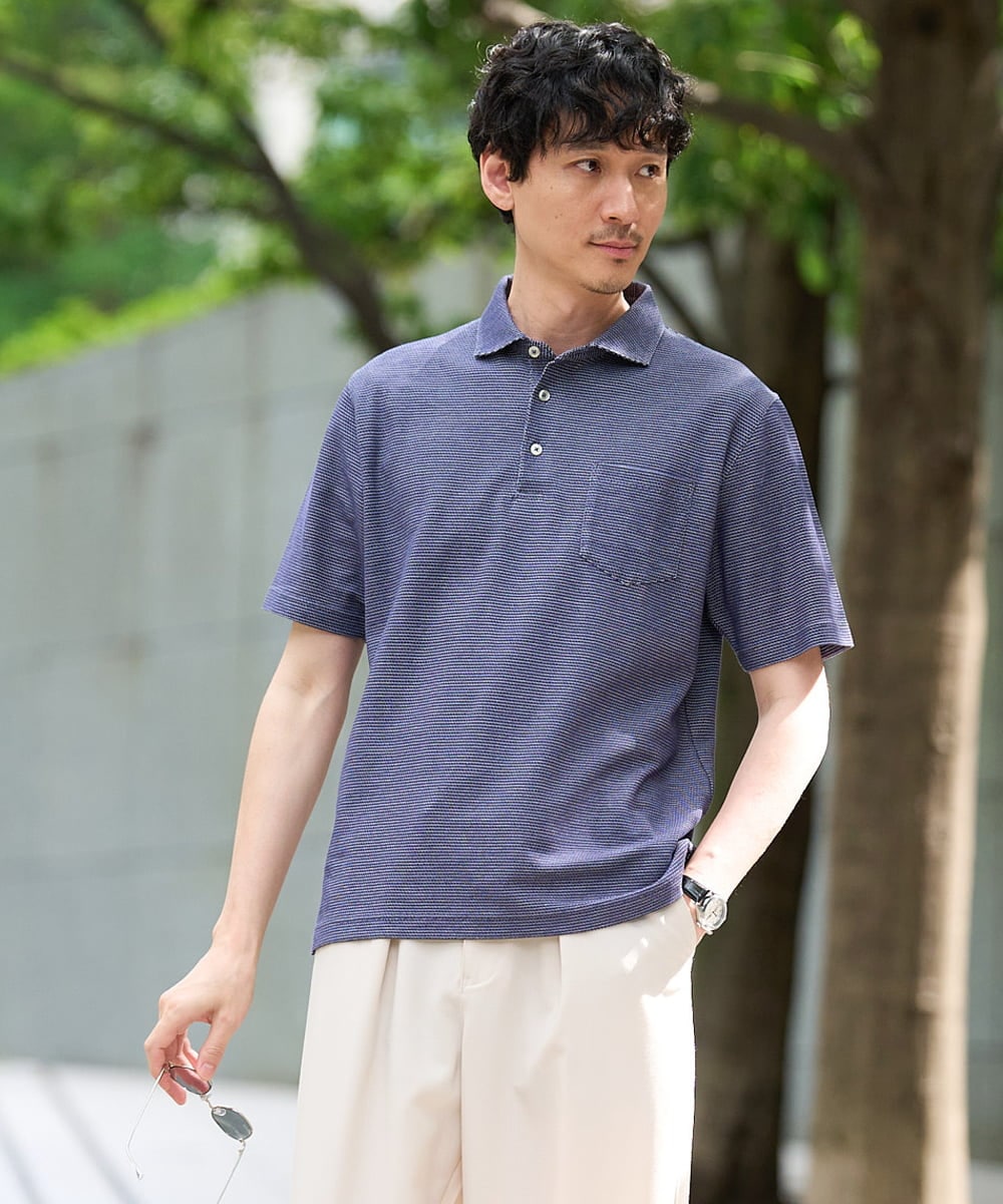 KHKHD46059 a.v.v MEN(アー・ヴェ・ヴェ) ＼シンプルすぎない大人の表情／ハニカムウラボーダーポロシャツ【接触冷感/洗濯機で洗える/イージーケア/ストレッチ】 ブラック