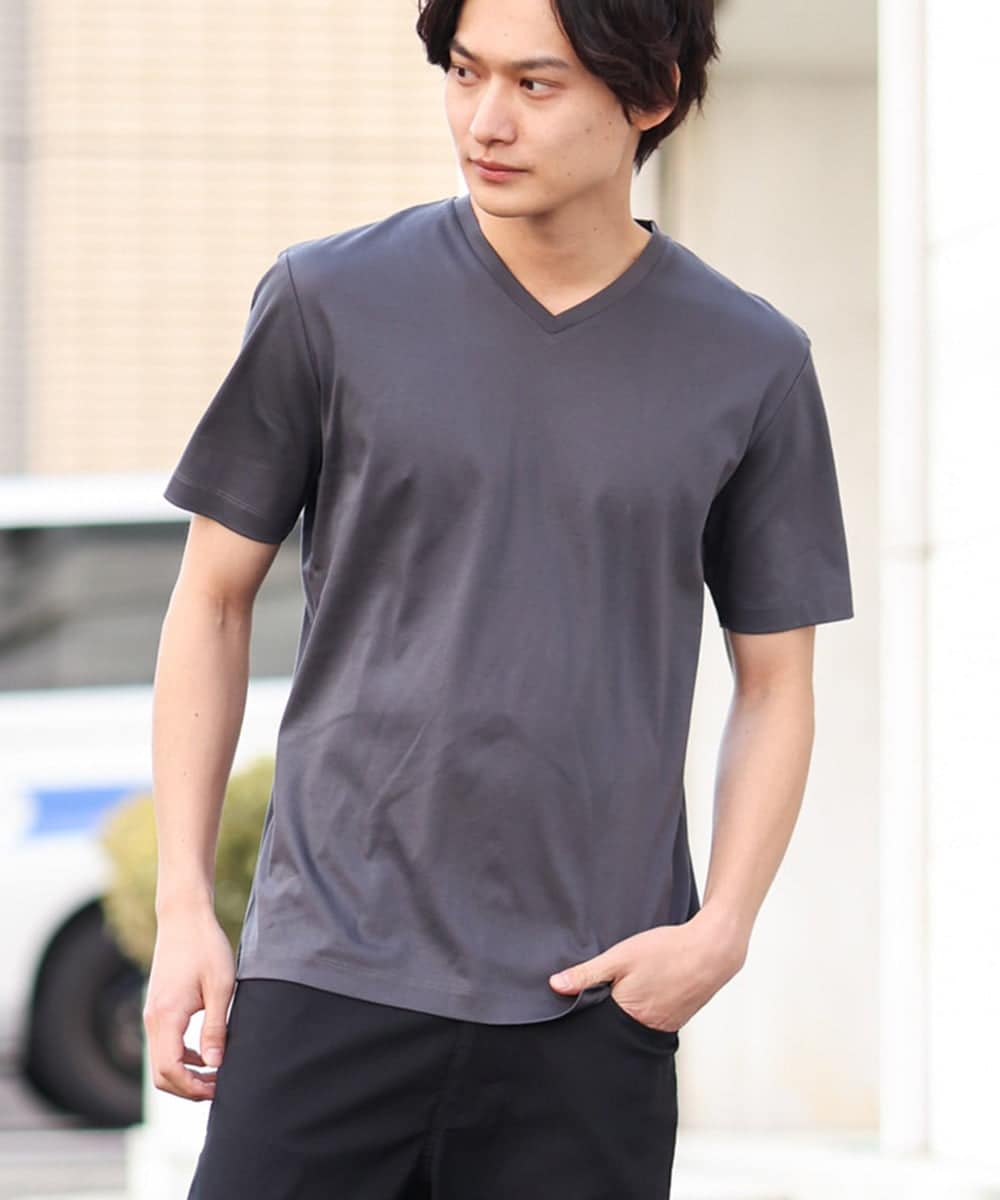 KHKHS41034 a.v.v MEN(アー・ヴェ・ヴェ) 【ジャケイン/接触冷感】シルケットスムースVネックTシャツ ダークグレー