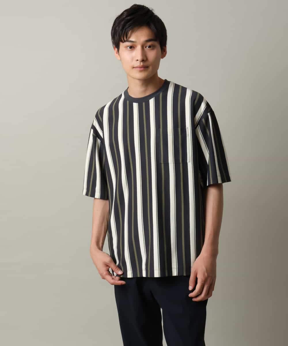 KHKHV74054 a.v.v MEN(アー・ヴェ・ヴェ) 【主役TOPS】ストライプワイドシルエットカットソー ブラック×ライトブラウン