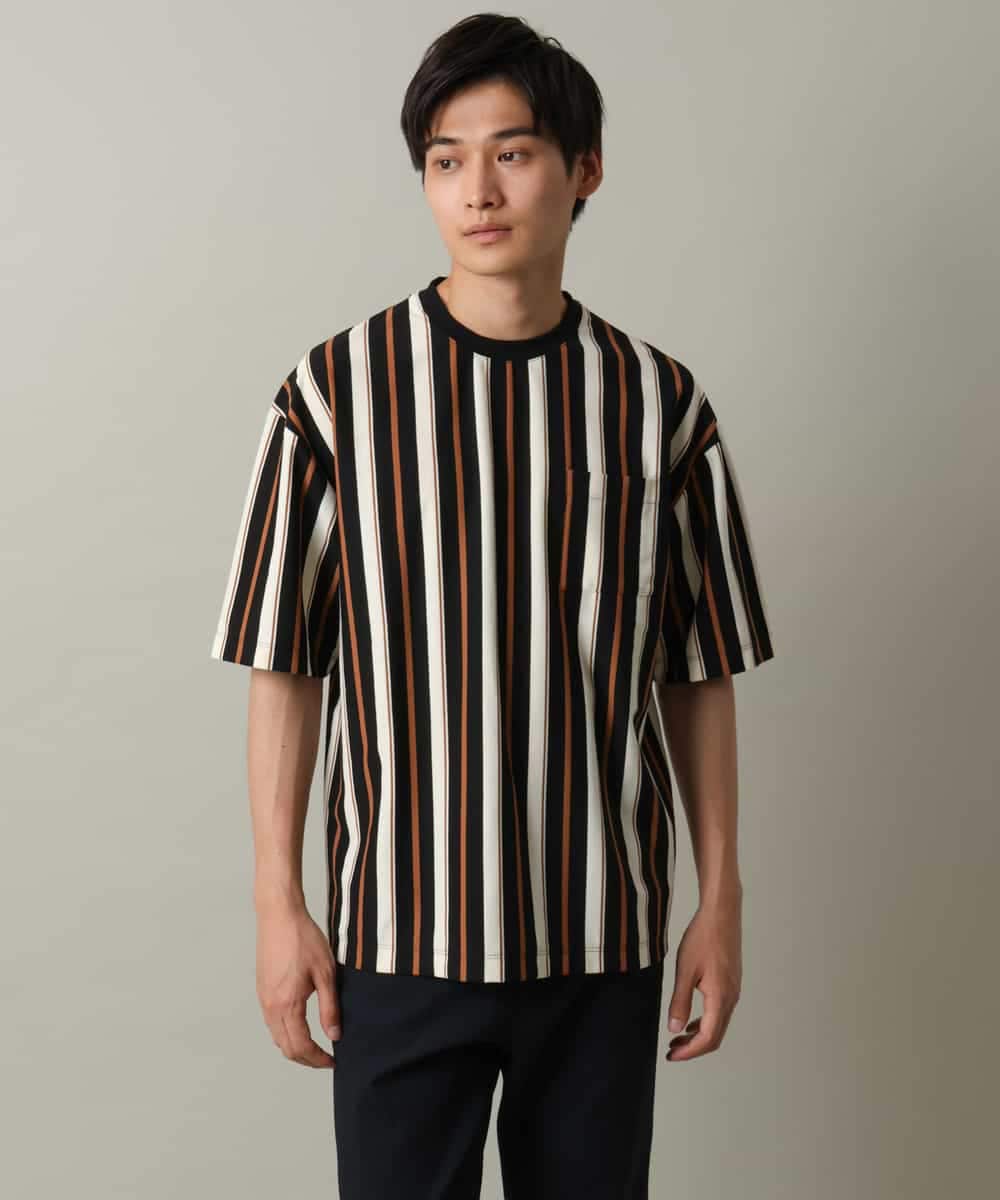 KHKHV74054 a.v.v MEN(アー・ヴェ・ヴェ) 【主役TOPS】ストライプワイドシルエットカットソー ブラック×ライトブラウン
