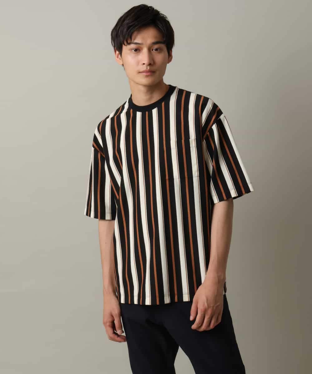 KHKHV74054 a.v.v MEN(アー・ヴェ・ヴェ) 【主役TOPS】ストライプワイドシルエットカットソー ブラック×ライトブラウン