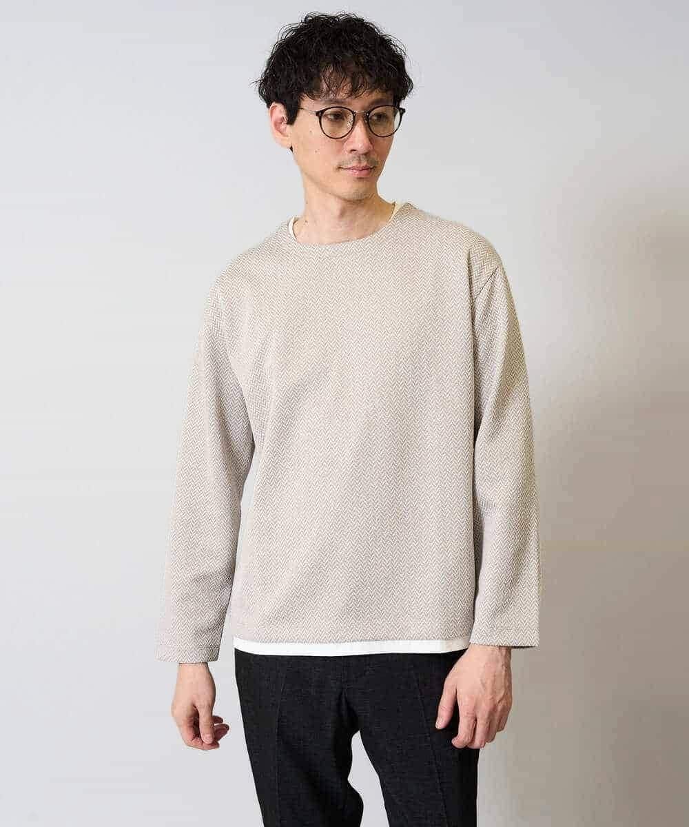 KHKJA04044 a.v.v MEN(アー・ヴェ・ヴェ) 【イージーケア毛玉になりにくい】シャンブレーフェイクレイヤードカットソー【洗濯機で洗える】 ベージュ