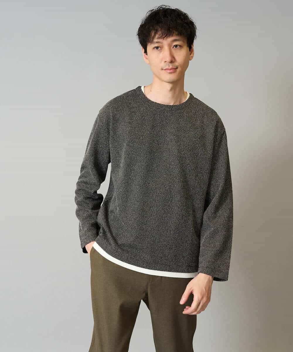 KHKJA04044 a.v.v MEN(アー・ヴェ・ヴェ) 【イージーケア毛玉になりにくい】シャンブレーフェイクレイヤードカットソー【洗濯機で洗える】 ブラック