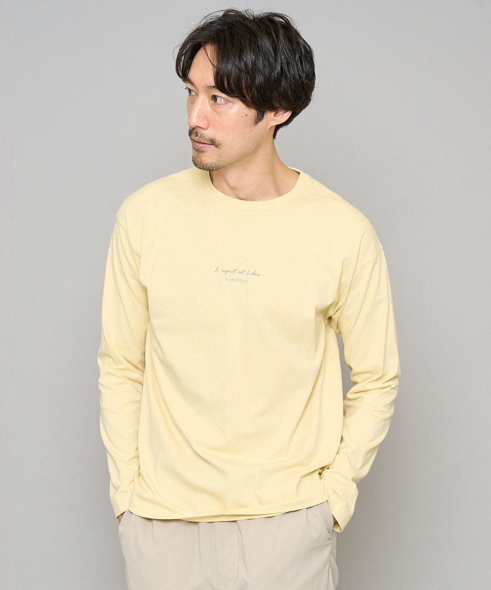 KHKJA29034 a.v.v MEN(アー・ヴェ・ヴェ) 【コットン100％】ミニロゴプリントロングTシャツ　セミワイドシルエット ライトイエロー