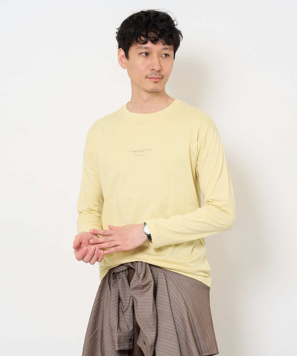 KHKJA29034 a.v.v MEN(アー・ヴェ・ヴェ) 【コットン100％】ミニロゴプリントロングTシャツ　セミワイドシルエット ライトイエロー