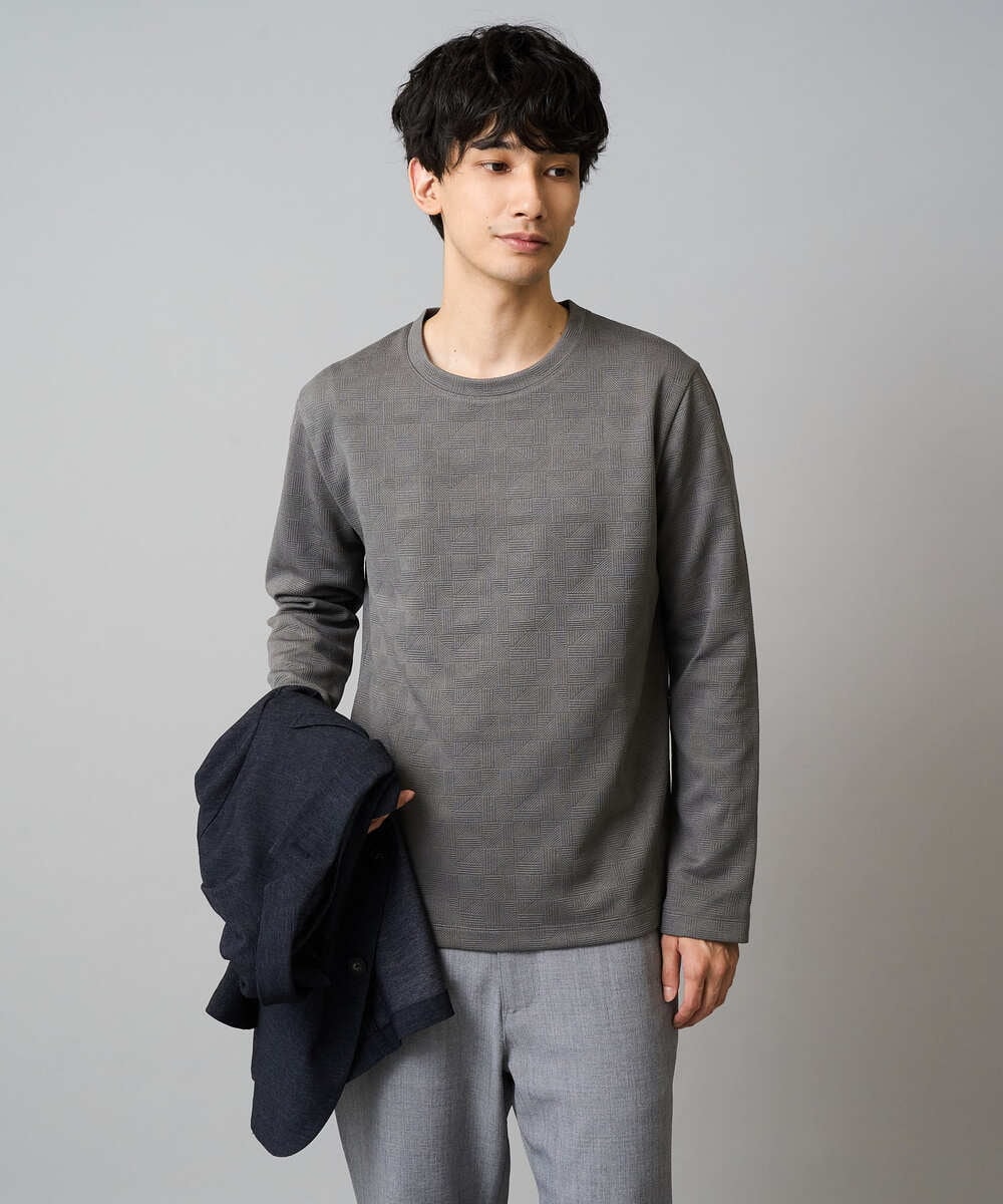 KHKJA71044 a.v.v MEN(アー・ヴェ・ヴェ) 【イージーケア/洗濯機で洗える】幾何ジャカードクルーネックＴシャツ　〈ON/OFF SERIES〉 ブラック