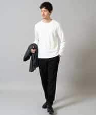 KHKJA71044 a.v.v MEN(アー・ヴェ・ヴェ) 【イージーケア/洗濯機で洗える】幾何ジャカードクルーネックＴシャツ〈SMART SERIES〉 ブラック