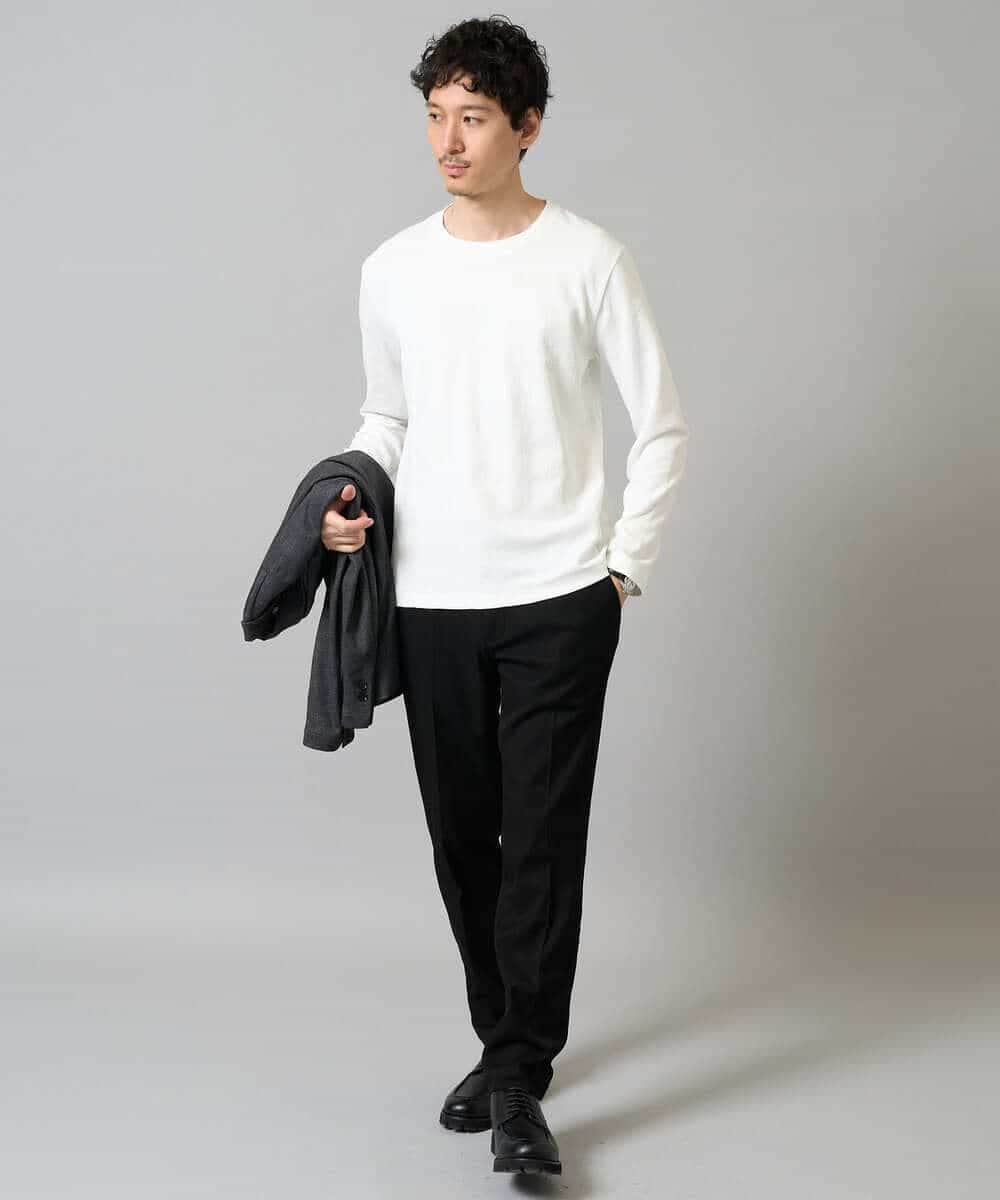 KHKJA71044 a.v.v MEN(アー・ヴェ・ヴェ) 【イージーケア/洗濯機で洗える】幾何ジャカードクルーネックＴシャツ〈SMART SERIES〉 ブラック