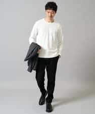 KHKJA71044 a.v.v MEN(アー・ヴェ・ヴェ) 【イージーケア/洗濯機で洗える】幾何ジャカードクルーネックＴシャツ〈SMART SERIES〉 ブラック