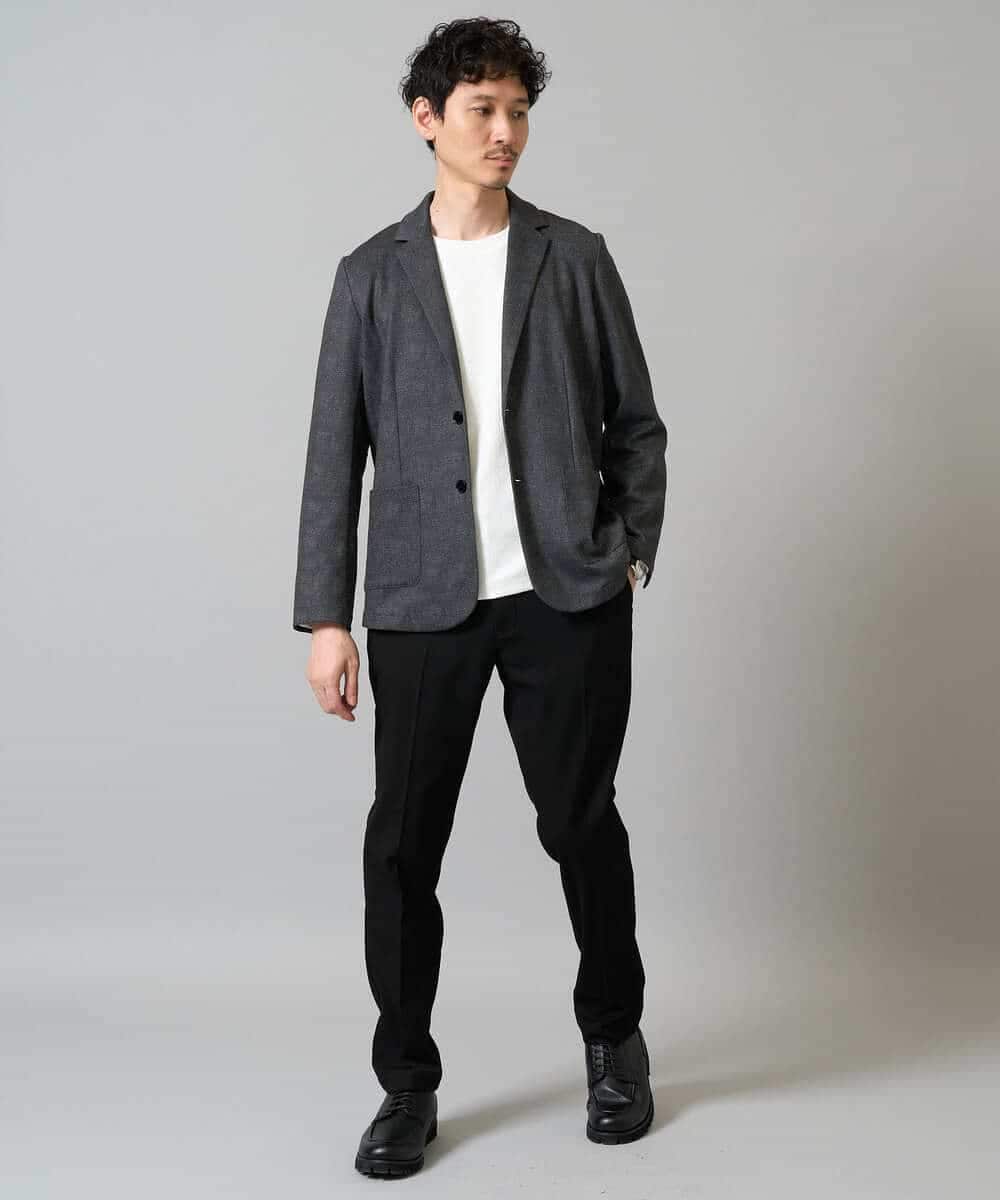KHKJA71044 a.v.v MEN(アー・ヴェ・ヴェ) 【イージーケア/洗濯機で洗える】幾何ジャカードクルーネックＴシャツ〈SMART SERIES〉 ブラック
