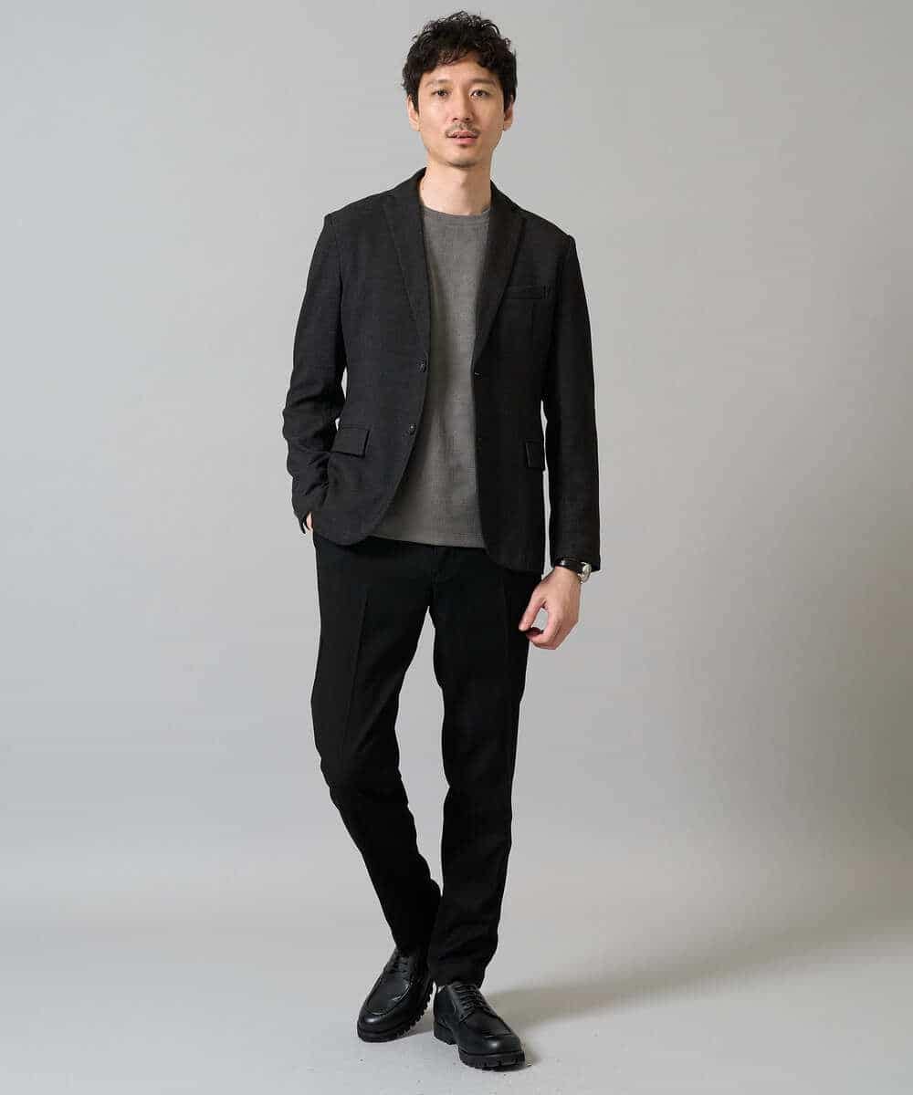 KHKJA71044 a.v.v MEN(アー・ヴェ・ヴェ) 【イージーケア/洗濯機で洗える】幾何ジャカードクルーネックＴシャツ〈SMART SERIES〉 ブラック