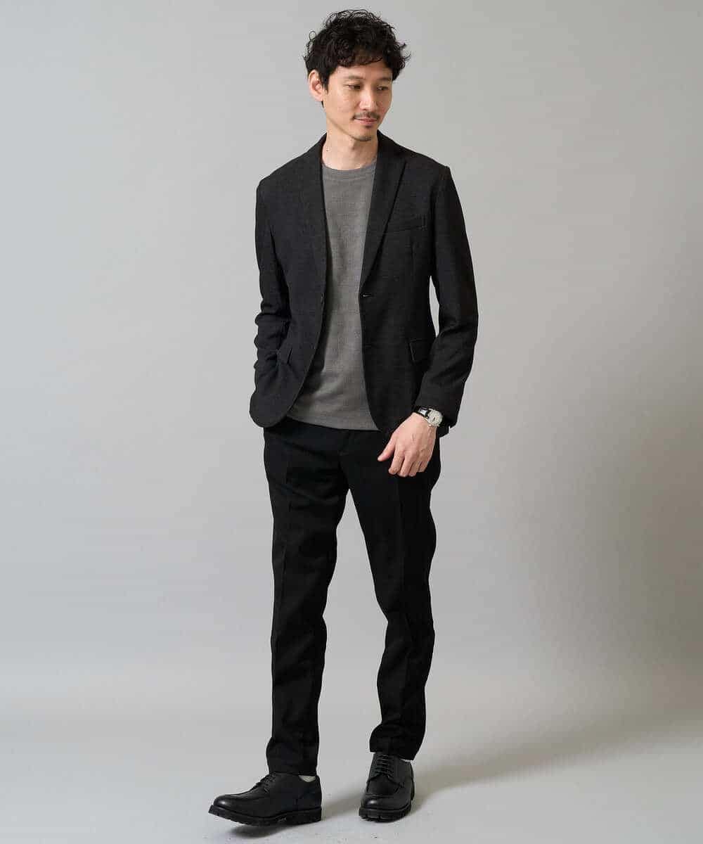 KHKJA71044 a.v.v MEN(アー・ヴェ・ヴェ) 【イージーケア/洗濯機で洗える】幾何ジャカードクルーネックＴシャツ〈SMART SERIES〉 ブラック