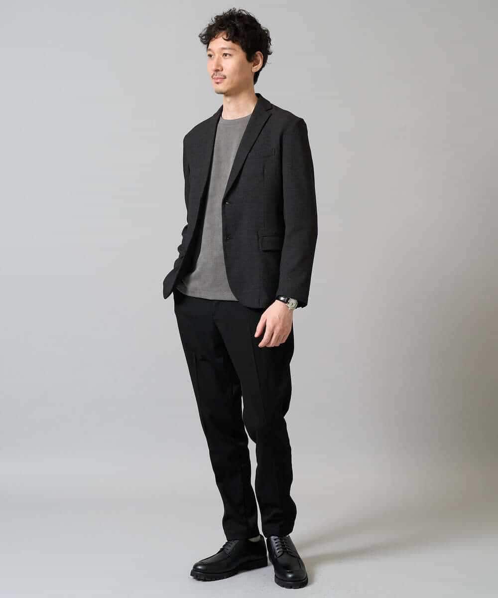 KHKJA71044 a.v.v MEN(アー・ヴェ・ヴェ) 【イージーケア/洗濯機で洗える】幾何ジャカードクルーネックＴシャツ〈SMART SERIES〉 ブラック