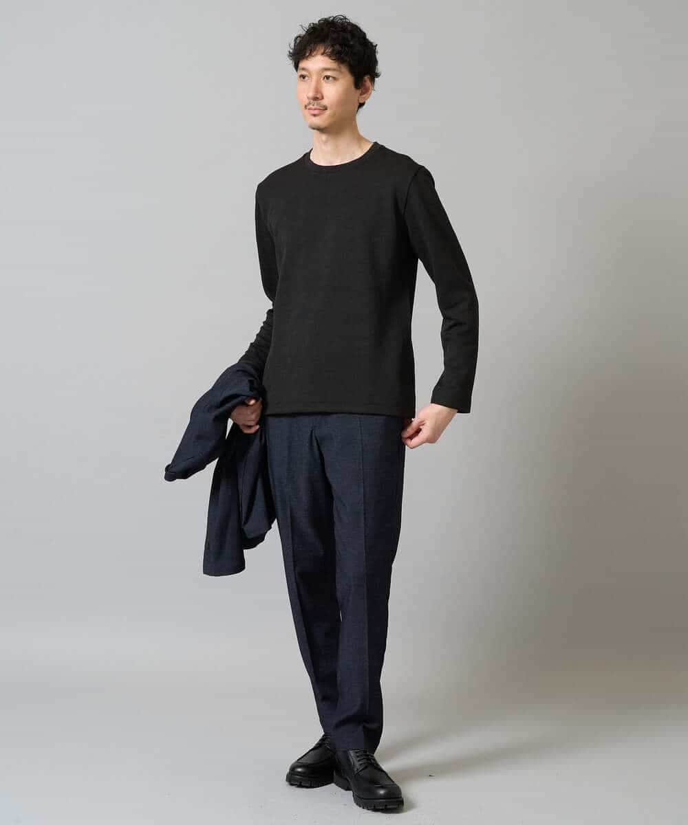 KHKJA71044 a.v.v MEN(アー・ヴェ・ヴェ) 【イージーケア/洗濯機で洗える】幾何ジャカードクルーネックＴシャツ〈SMART SERIES〉 ブラック