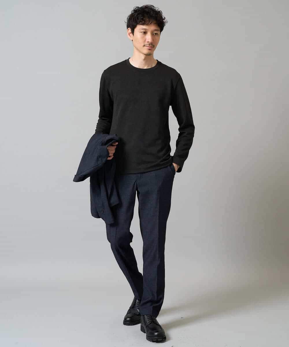 KHKJA71044 a.v.v MEN(アー・ヴェ・ヴェ) 【イージーケア/洗濯機で洗える】幾何ジャカードクルーネックＴシャツ〈SMART SERIES〉 ブラック