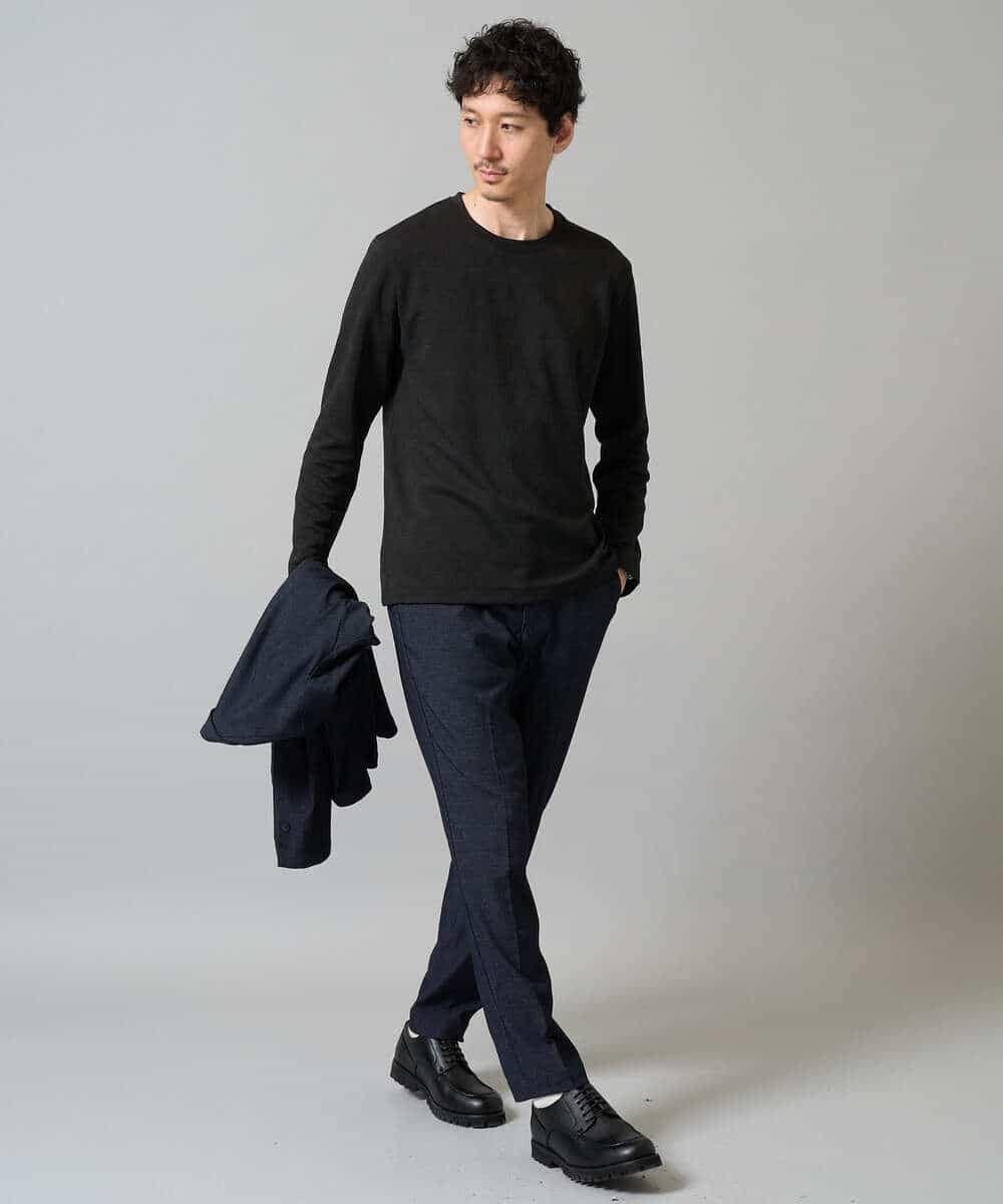 KHKJA71044 a.v.v MEN(アー・ヴェ・ヴェ) 【イージーケア/洗濯機で洗える】幾何ジャカードクルーネックＴシャツ〈SMART SERIES〉 ブラック
