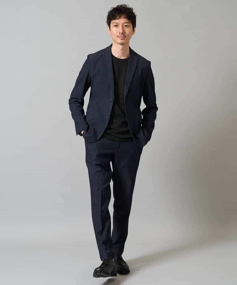 KHKJA71044 a.v.v MEN(アー・ヴェ・ヴェ) 【イージーケア/洗濯機で洗える】幾何ジャカードクルーネックＴシャツ〈SMART SERIES〉 ブラック