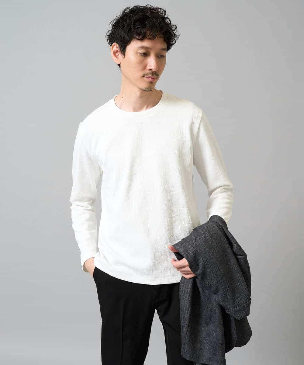 KHKJA71044 a.v.v MEN(アー・ヴェ・ヴェ) 【イージーケア/洗濯機で洗える】幾何ジャカードクルーネックＴシャツ〈SMART SERIES〉 ブラック