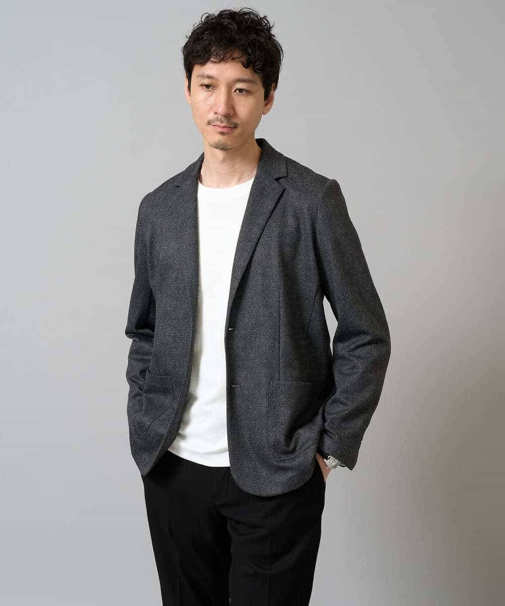 KHKJA71044 a.v.v MEN(アー・ヴェ・ヴェ) 【イージーケア/洗濯機で洗える】幾何ジャカードクルーネックＴシャツ〈SMART SERIES〉 ブラック