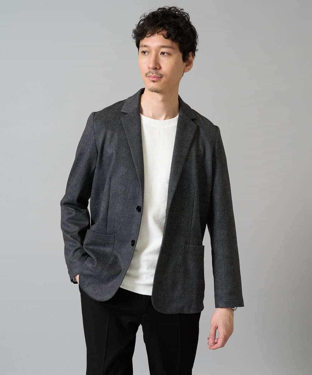 KHKJA71044 a.v.v MEN(アー・ヴェ・ヴェ) 【イージーケア/洗濯機で洗える】幾何ジャカードクルーネックＴシャツ〈SMART SERIES〉 ブラック