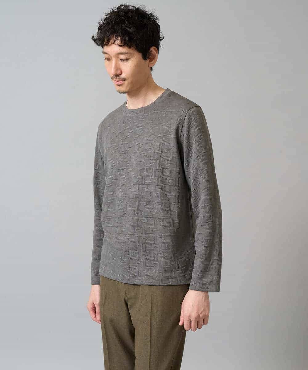 KHKJA71044 a.v.v MEN(アー・ヴェ・ヴェ) 【イージーケア/洗濯機で洗える】幾何ジャカードクルーネックＴシャツ〈SMART SERIES〉 ブラック