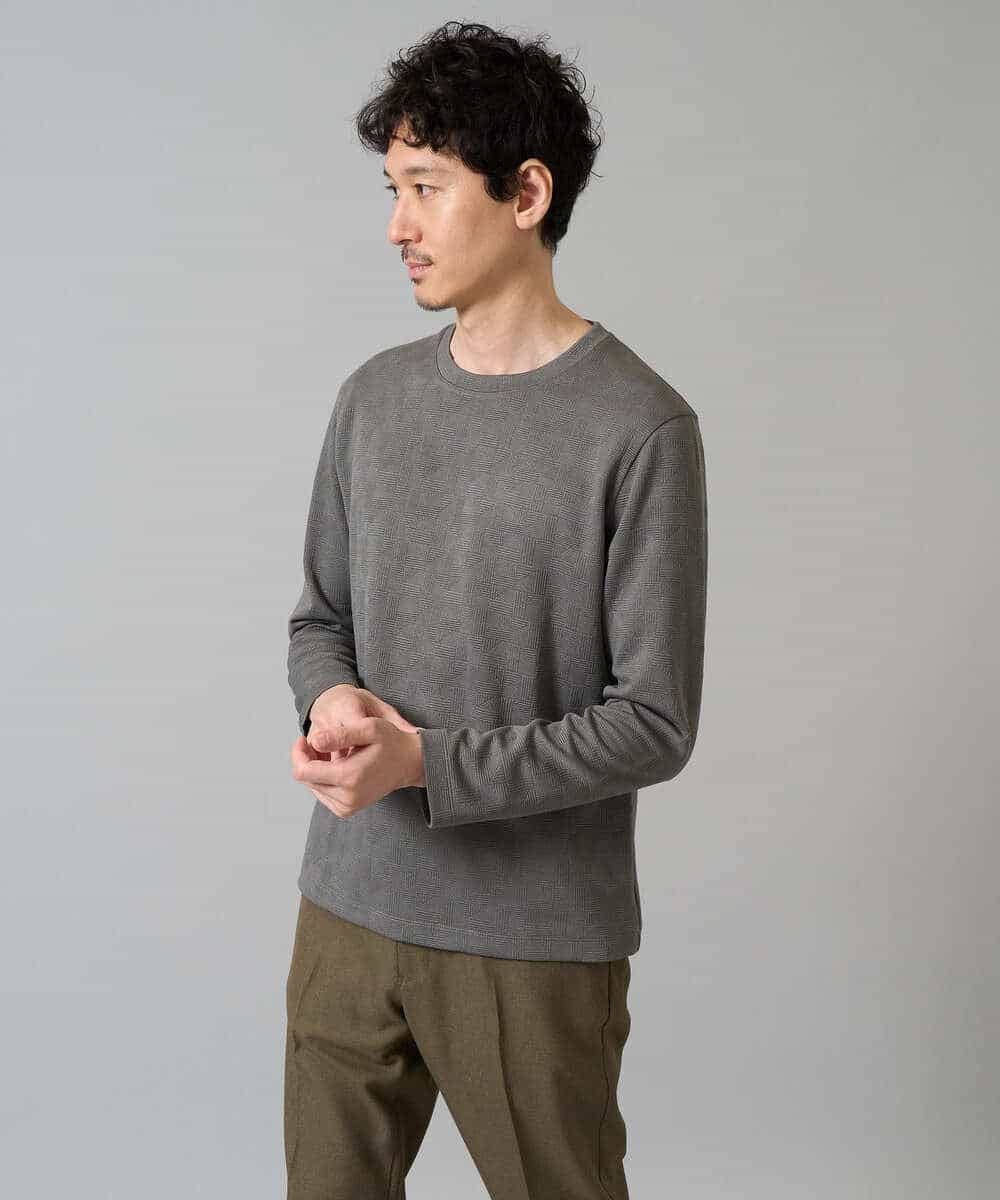 KHKJA71044 a.v.v MEN(アー・ヴェ・ヴェ) 【イージーケア/洗濯機で洗える】幾何ジャカードクルーネックＴシャツ〈SMART SERIES〉 ブラック