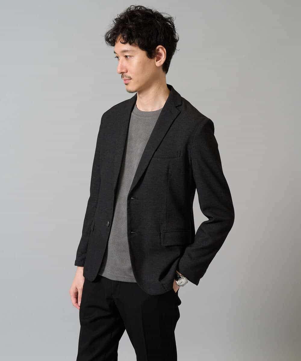KHKJA71044 a.v.v MEN(アー・ヴェ・ヴェ) 【イージーケア/洗濯機で洗える】幾何ジャカードクルーネックＴシャツ〈SMART SERIES〉 ブラック