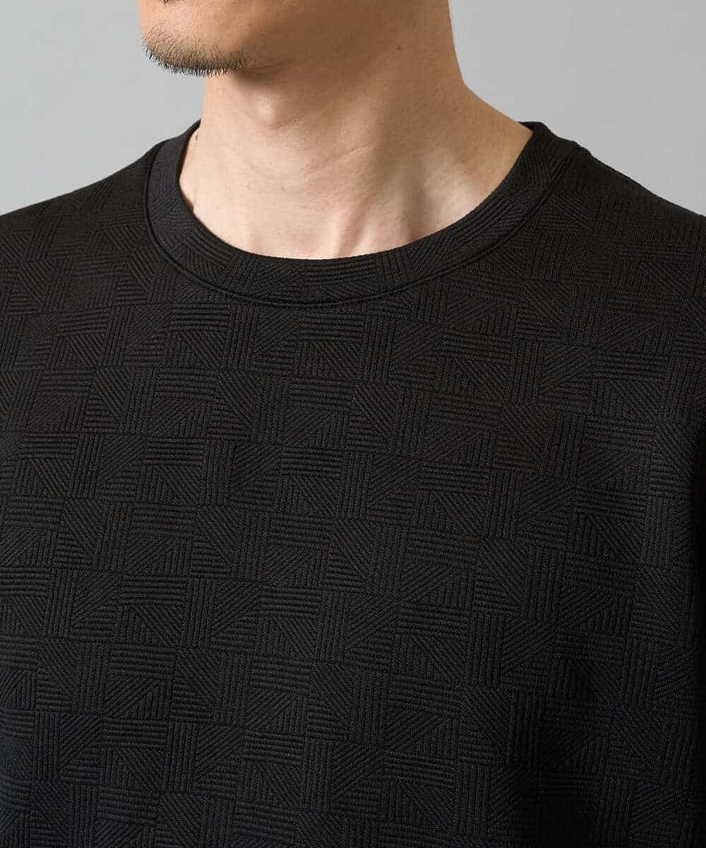 KHKJA71044 a.v.v MEN(アー・ヴェ・ヴェ) 【イージーケア/洗濯機で洗える】幾何ジャカードクルーネックＴシャツ〈SMART SERIES〉 ブラック