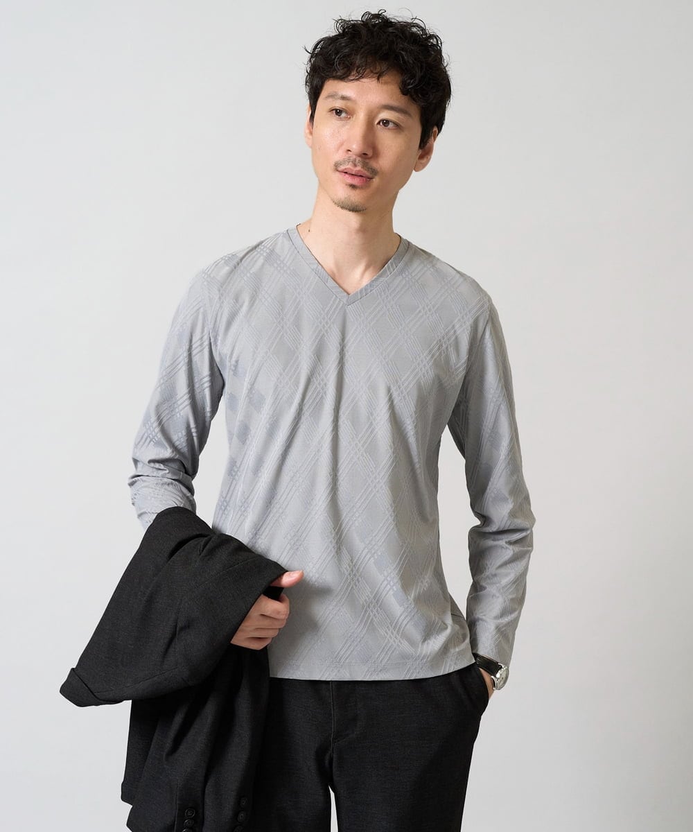 KHKJA72044 a.v.v MEN(アー・ヴェ・ヴェ) 【イージーケア/毛玉になりにくい】ダイヤジャカードＶネックＴシャツ　通勤/ビジネス/ジャケット〈ON/OFF SERIES〉 ライトグレー