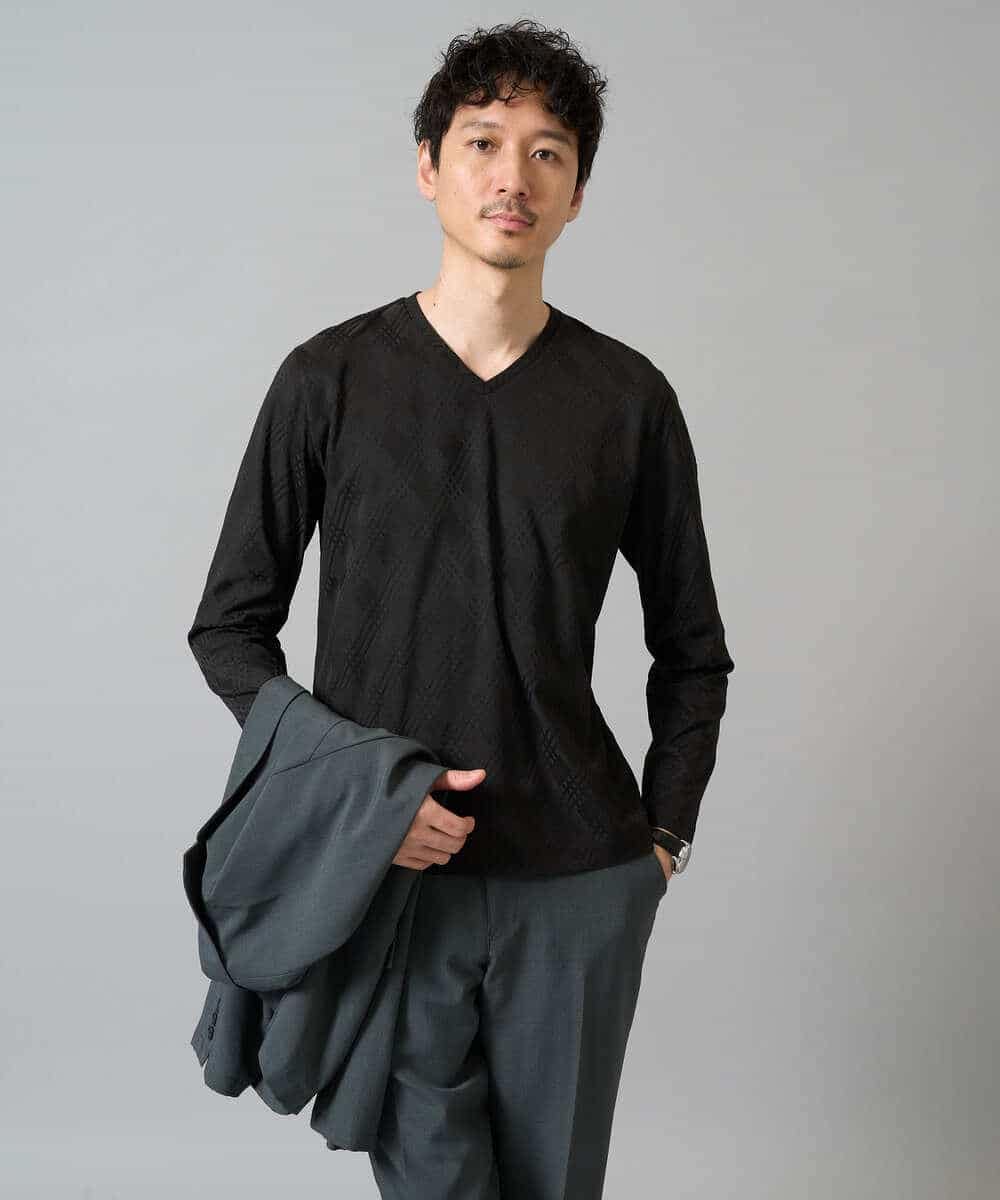 KHKJA72044 a.v.v MEN(アー・ヴェ・ヴェ) 【イージーケア/毛玉になりにくい】ダイヤジャカードＶネックスマートＴシャツ〈SMART SERIES〉 ブラック