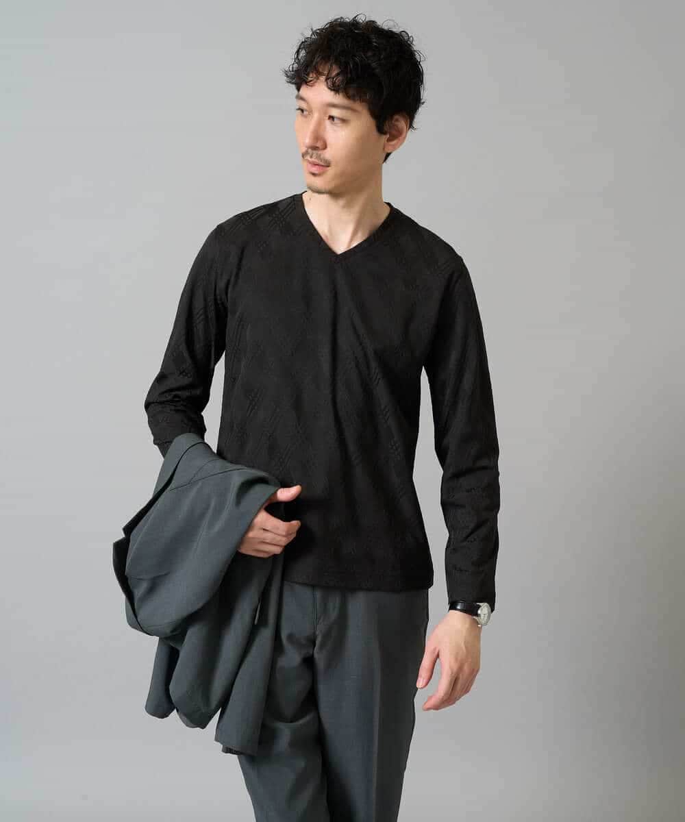 KHKJA72044 a.v.v MEN(アー・ヴェ・ヴェ) 【イージーケア/毛玉になりにくい】ダイヤジャカードＶネックスマートＴシャツ〈SMART SERIES〉 ブラック