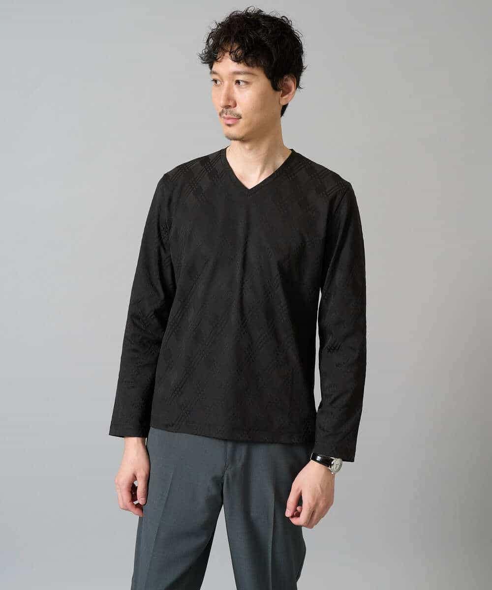 KHKJA72044 a.v.v MEN(アー・ヴェ・ヴェ) 【イージーケア/毛玉になりにくい】ダイヤジャカードＶネックスマートＴシャツ〈SMART SERIES〉 ブラック