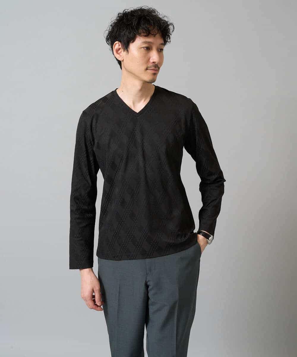 KHKJA72044 a.v.v MEN(アー・ヴェ・ヴェ) 【イージーケア/毛玉になりにくい】ダイヤジャカードＶネックスマートＴシャツ〈SMART SERIES〉 ブラック