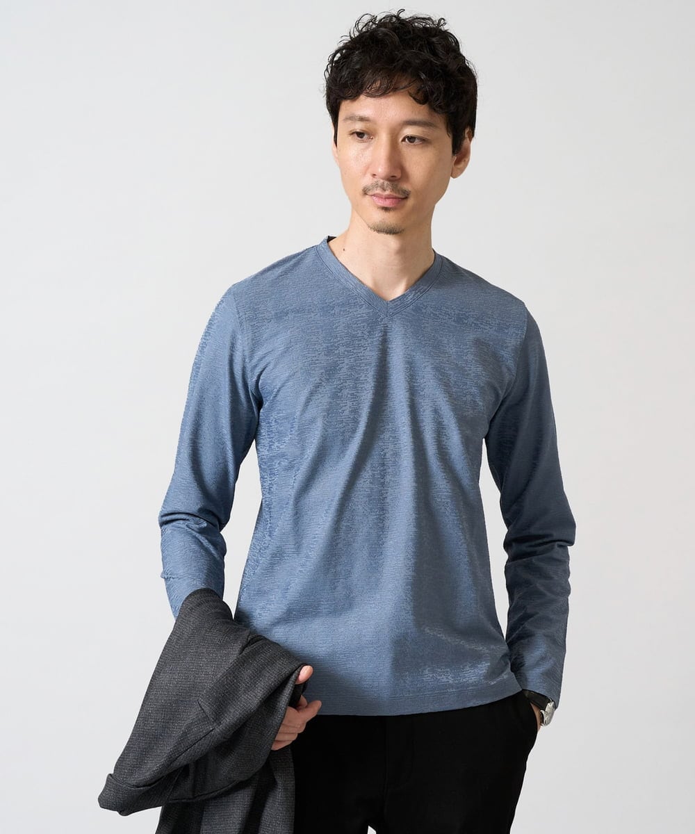 KHKJA73044 a.v.v MEN(アー・ヴェ・ヴェ) 針抜きジャカードＶネックＴシャツ【洗濯機で洗える/毛玉になりにくい】通勤/ビジネス/ジャケット〈ON/OFF SERIES〉 ブルー