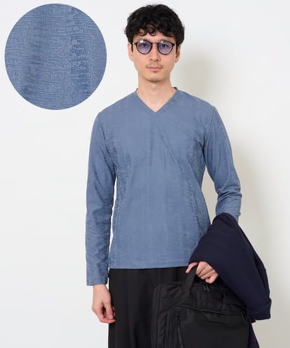 KHKJA73044 a.v.v MEN 【ジャケット映え】針抜きジャカードＶネックＴシャツ【洗濯機で洗える/毛玉になりにくい】通勤/ビジネス/ジャケット〈ON/OFF SERIES〉