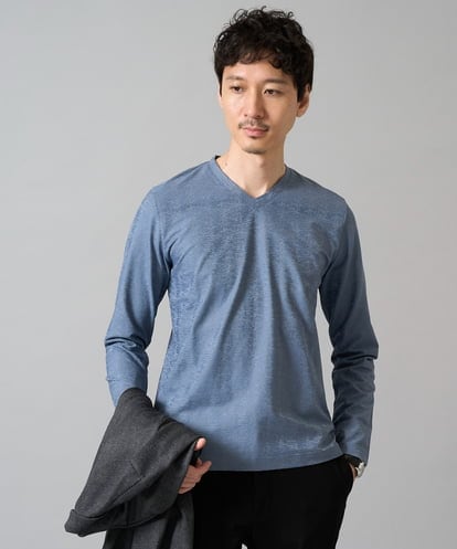KHKJA73044 a.v.v MEN 【イージーケア/毛玉になりにくい】針抜きジャカードＶネックＴシャツ〈SMART SERIES〉【洗濯機で洗える】