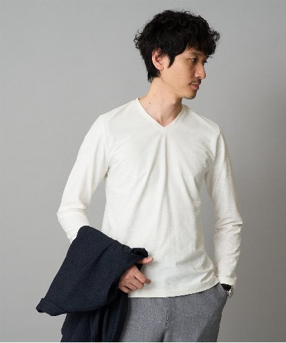 KHKJA73044  【雑誌MonoMax11月号掲載】針抜きジャカードＶネックＴシャツ【洗濯機で洗える/毛玉になりにくい】通勤/ビジネス/ジャケット〈ON/OFF SERIES〉