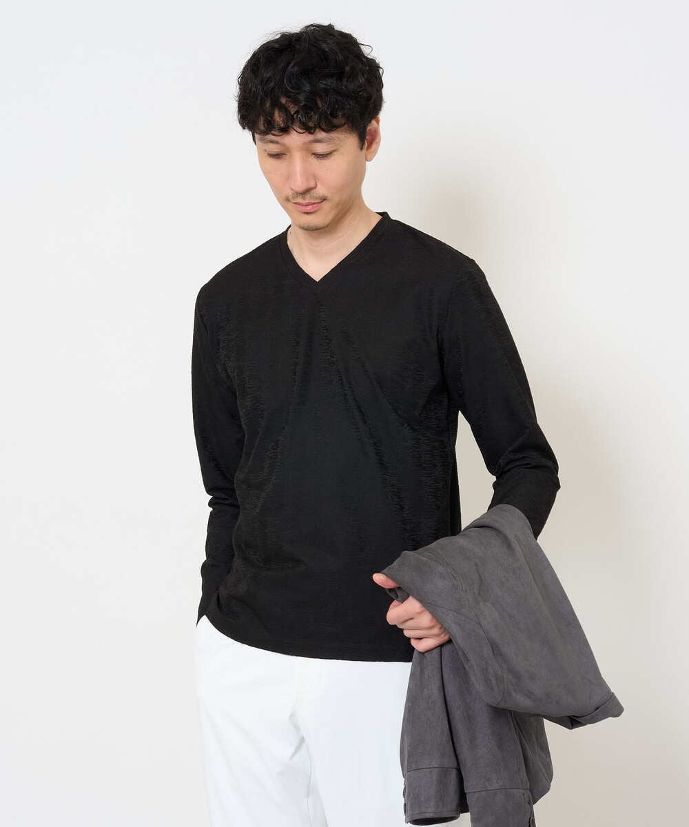 KHKJA73044 a.v.v MEN(アー・ヴェ・ヴェ) 【ジャケット映え】針抜きジャカードＶネックＴシャツ【洗濯機で洗える/毛玉になりにくい】通勤/ビジネス/ジャケット〈ON/OFF SERIES〉 ブラック