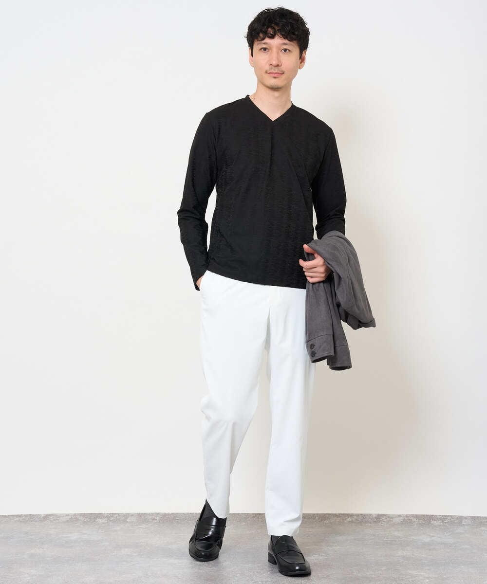 KHKJA73044 a.v.v MEN(アー・ヴェ・ヴェ) 【ジャケット映え】針抜きジャカードＶネックＴシャツ【洗濯機で洗える/毛玉になりにくい】通勤/ビジネス/ジャケット〈ON/OFF SERIES〉 ブラック