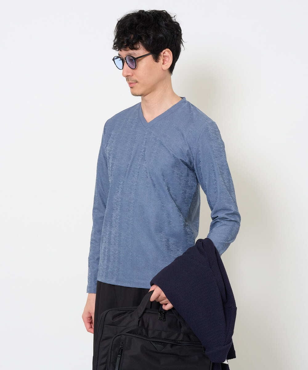 KHKJA73044 a.v.v MEN(アー・ヴェ・ヴェ) 【ジャケット映え】針抜きジャカードＶネックＴシャツ【洗濯機で洗える/毛玉になりにくい】通勤/ビジネス/ジャケット〈ON/OFF SERIES〉 ブラック