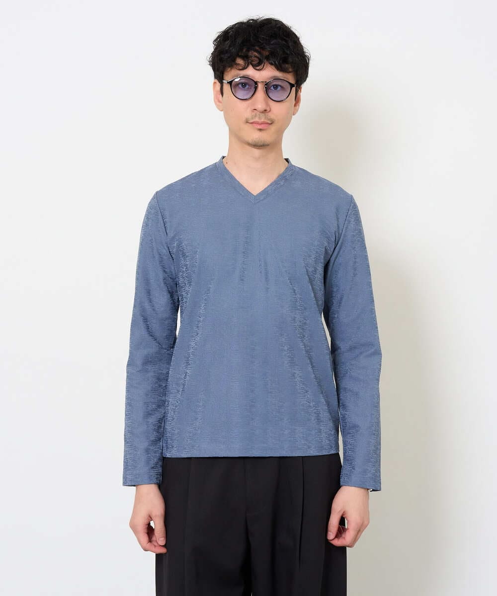 KHKJA73044 a.v.v MEN(アー・ヴェ・ヴェ) 【ジャケット映え】針抜きジャカードＶネックＴシャツ【洗濯機で洗える/毛玉になりにくい】通勤/ビジネス/ジャケット〈ON/OFF SERIES〉 ブラック