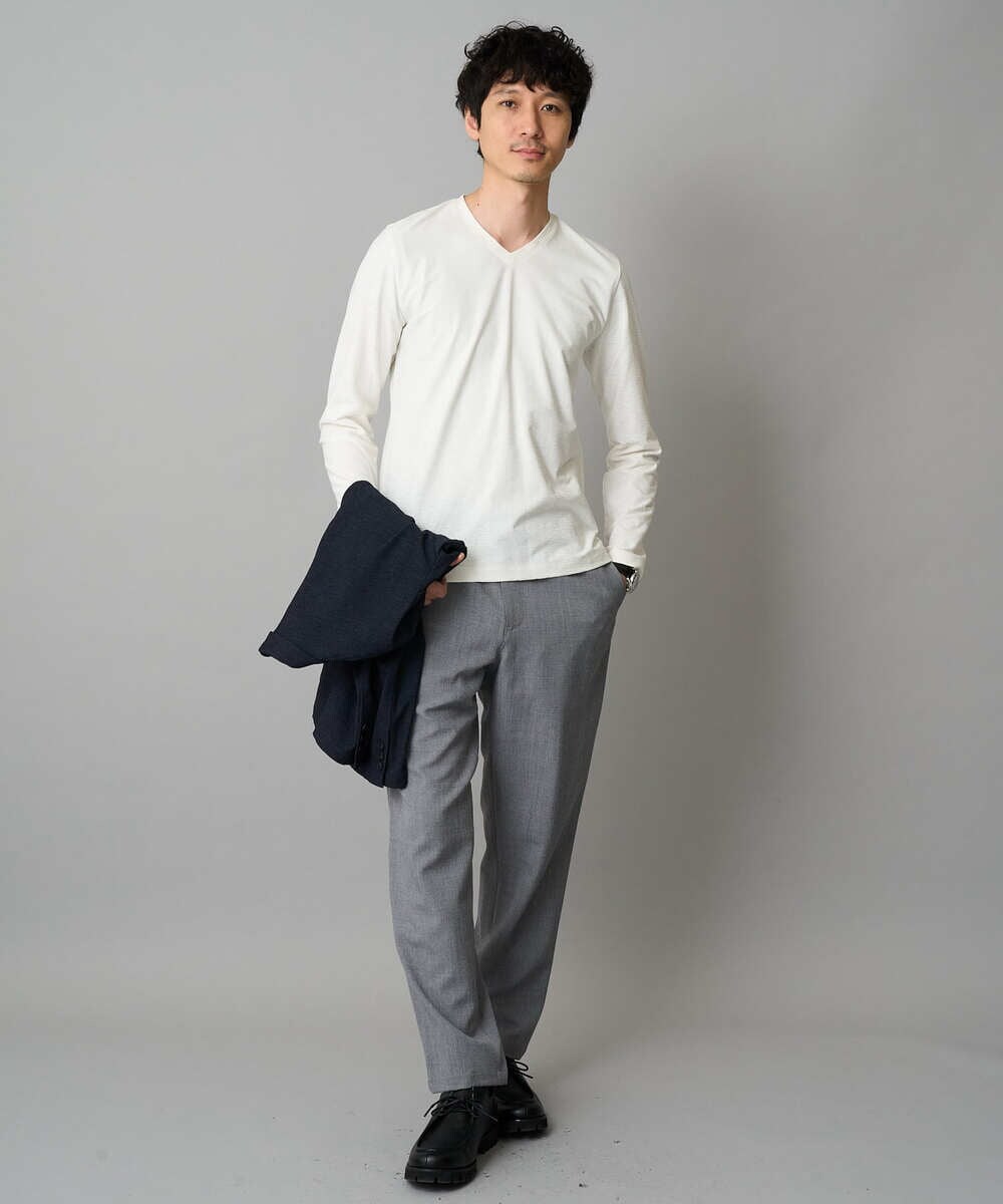 KHKJA73044 a.v.v MEN(アー・ヴェ・ヴェ) 【雑誌MonoMax11月号掲載】針抜きジャカードＶネックＴシャツ【洗濯機で洗える/毛玉になりにくい】通勤/ビジネス/ジャケット〈ON/OFF SERIES〉 ブラック