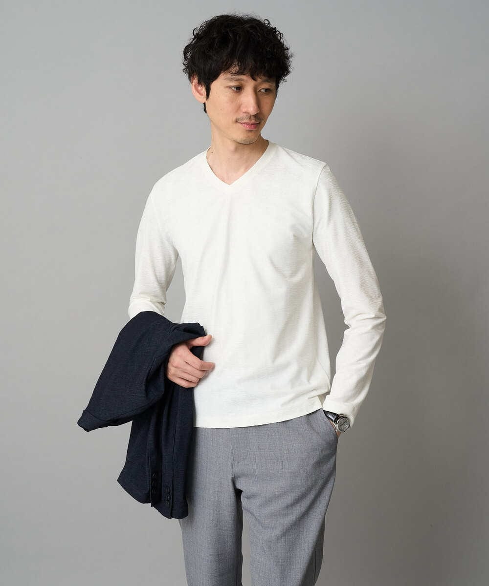 KHKJA73044 a.v.v MEN(アー・ヴェ・ヴェ) 【雑誌MonoMax11月号掲載】針抜きジャカードＶネックＴシャツ【洗濯機で洗える/毛玉になりにくい】通勤/ビジネス/ジャケット〈ON/OFF SERIES〉 ブラック