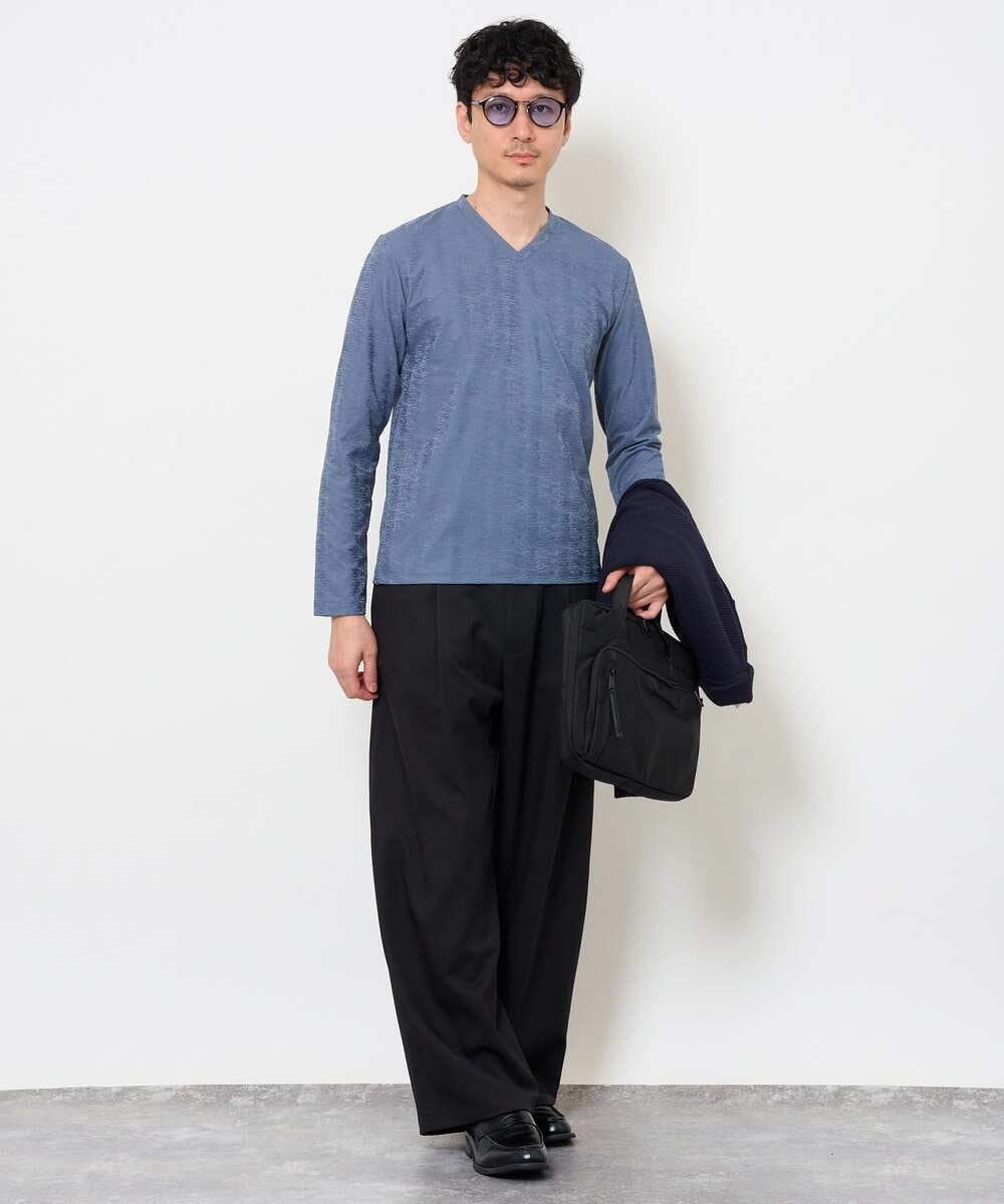 KHKJA73044 a.v.v MEN(アー・ヴェ・ヴェ) 【ジャケット映え】針抜きジャカードＶネックＴシャツ【洗濯機で洗える/毛玉になりにくい】通勤/ビジネス/ジャケット〈ON/OFF SERIES〉 ブラック