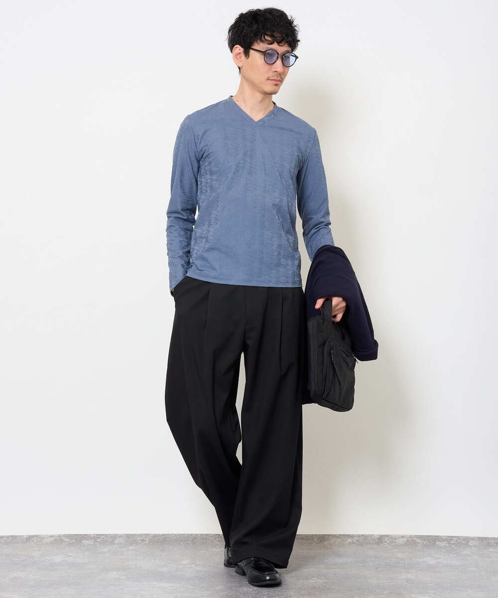 KHKJA73044 a.v.v MEN(アー・ヴェ・ヴェ) 【ジャケット映え】針抜きジャカードＶネックＴシャツ【洗濯機で洗える/毛玉になりにくい】通勤/ビジネス/ジャケット〈ON/OFF SERIES〉 ブラック