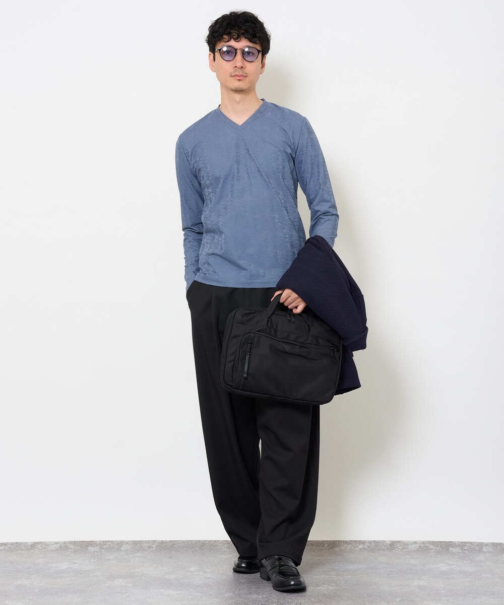 KHKJA73044 a.v.v MEN(アー・ヴェ・ヴェ) 【ジャケット映え】針抜きジャカードＶネックＴシャツ【洗濯機で洗える/毛玉になりにくい】通勤/ビジネス/ジャケット〈ON/OFF SERIES〉 ブラック
