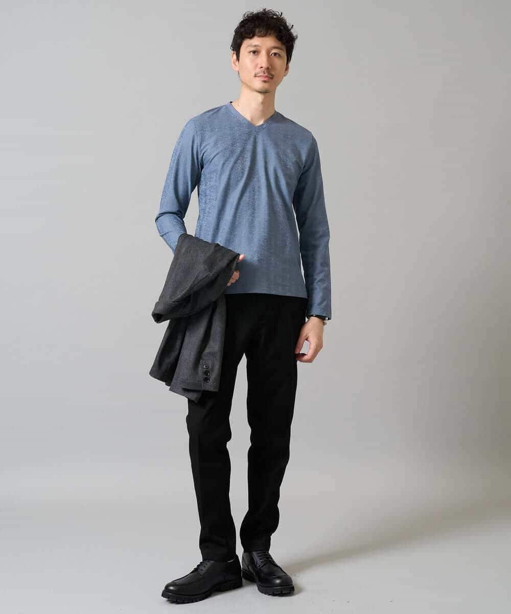 KHKJA73044 a.v.v MEN(アー・ヴェ・ヴェ) 【イージーケア/毛玉になりにくい】針抜きジャカードＶネックＴシャツ〈SMART SERIES〉【洗濯機で洗える】 ブラック